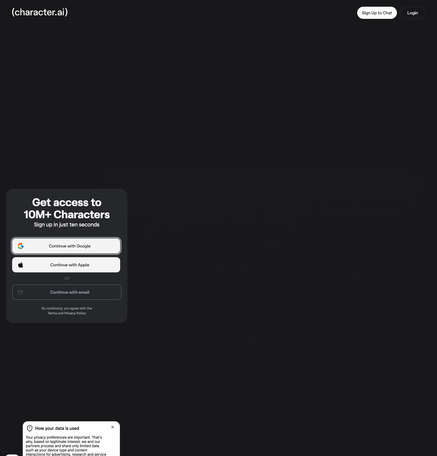 Character.AI homepage, showing the free character library, July 2026