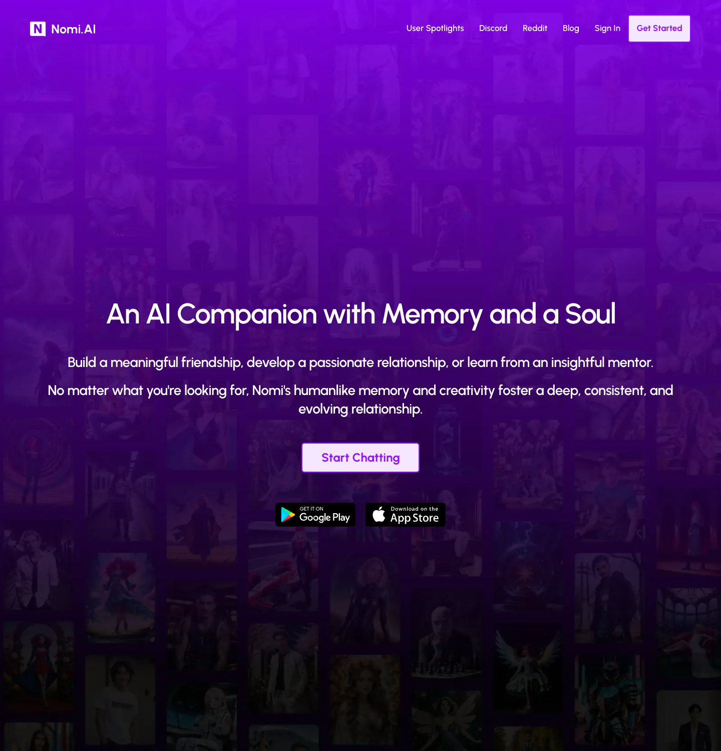 Nomi AI homepage captured in a browser frame, July 2026